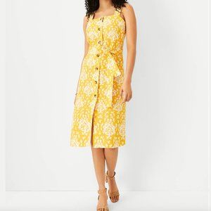 Ann Taylor Yellow & White Floral Belted Button Dress in Squash Blossom